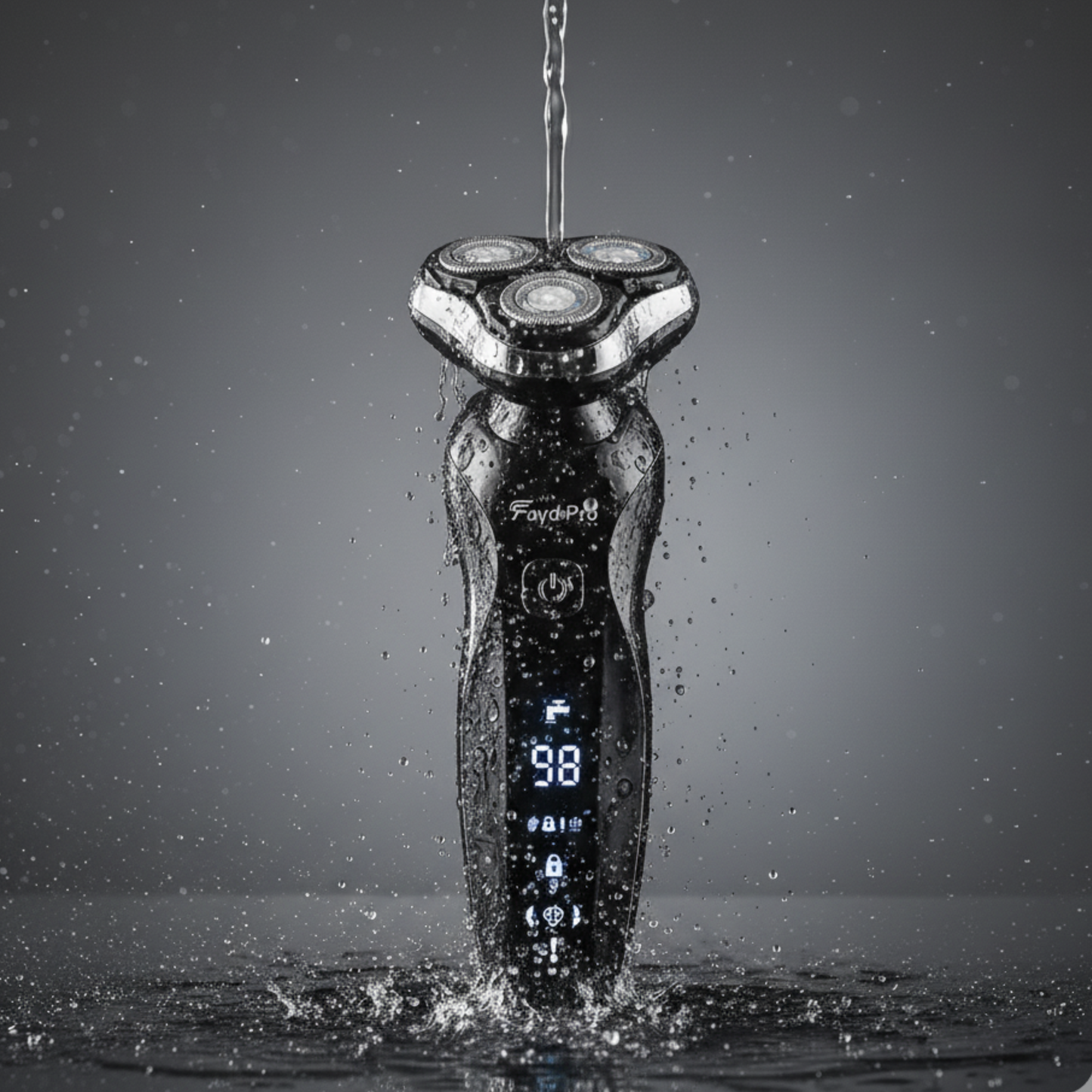 Fayd Pro electric shaver being rinsed under water to demonstrate waterproof design