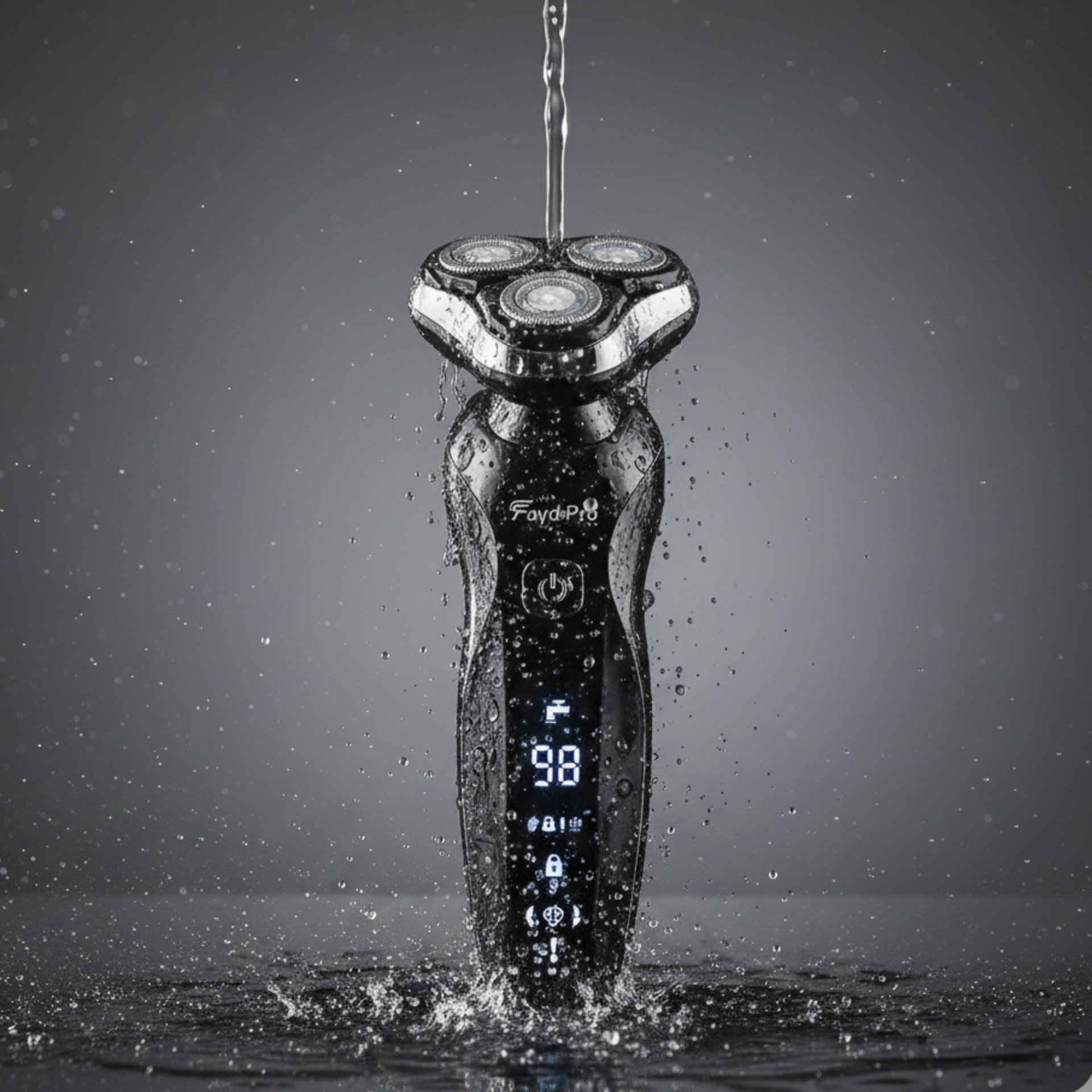 Fayd Pro electric shaver being rinsed under water to demonstrate waterproof design